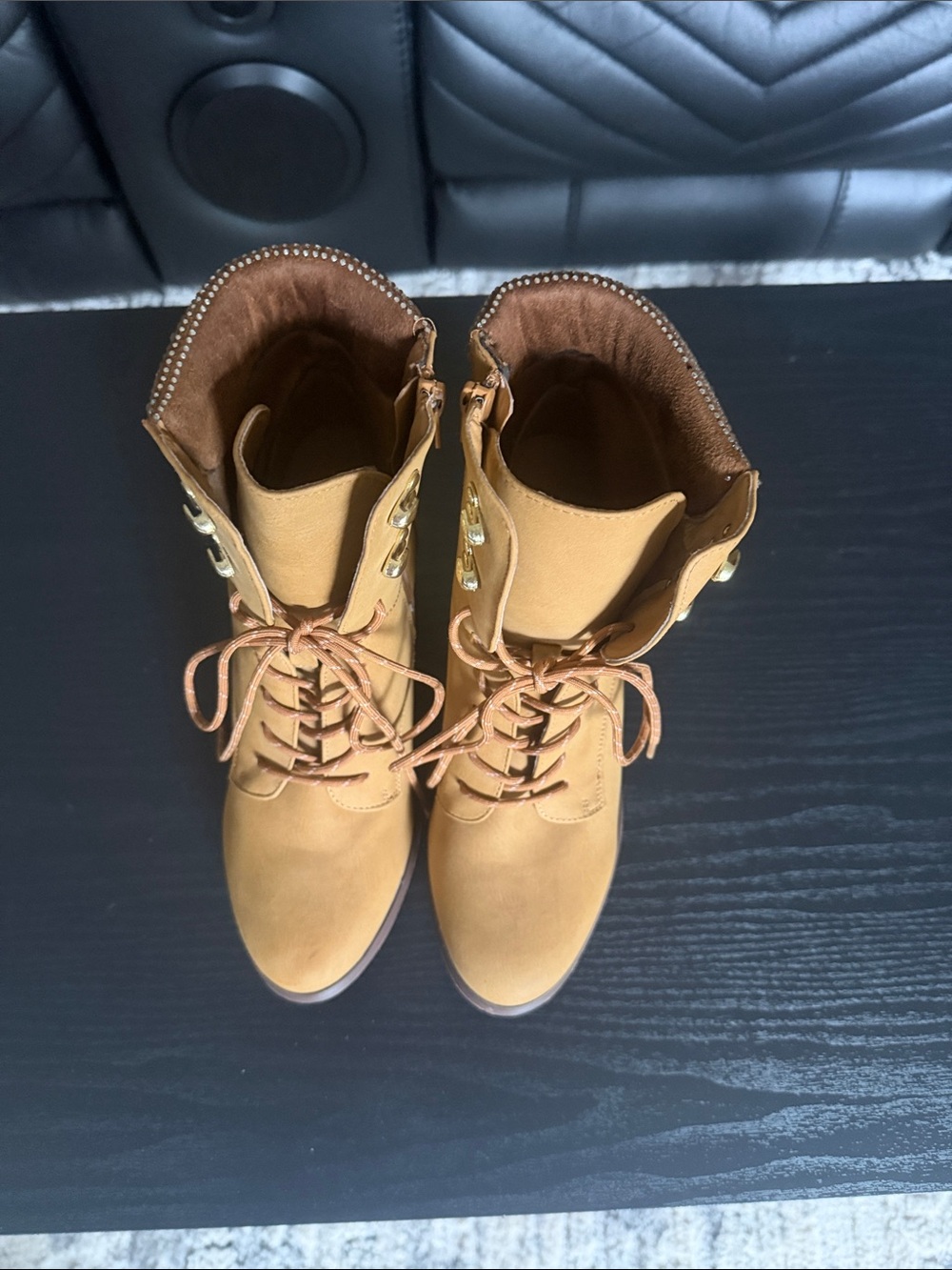 XOXO Women's Tan Lace-Up Ankle Boots with Gold Eyelets